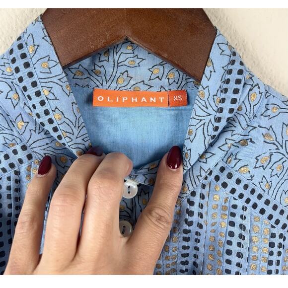 Oliphant Boho Romantic Fit & Flare XS Blue Floral Gold Print Belted Dress - Picture 3 of 9